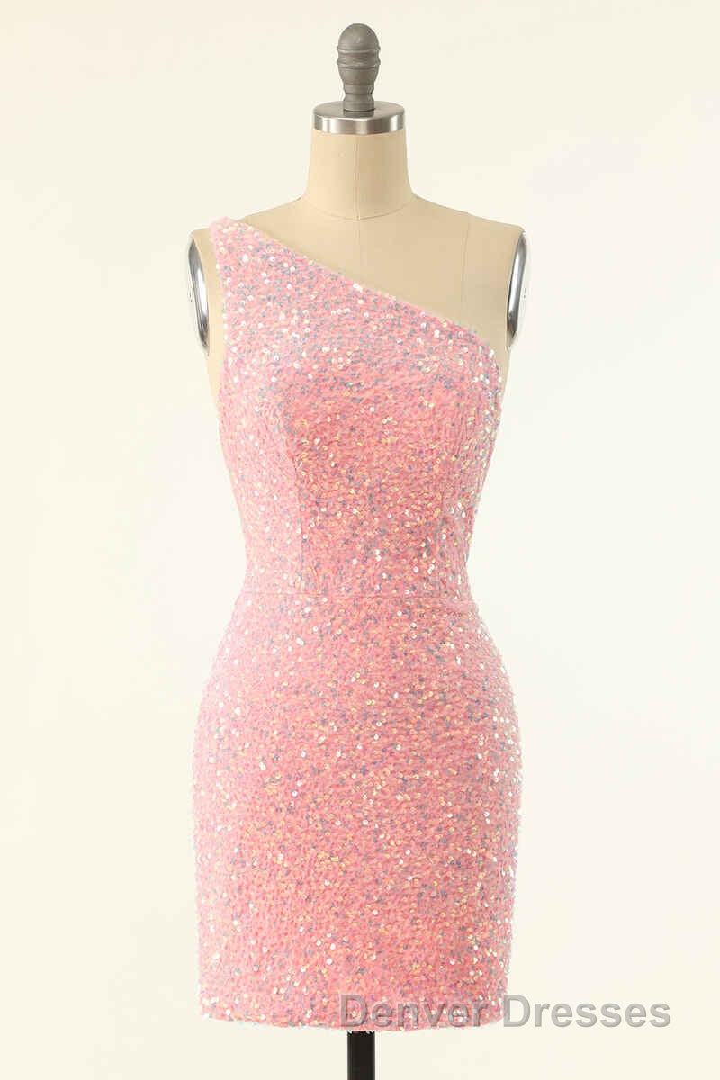 Pink Sequin One-Shoulder Backless Short Formal Dress