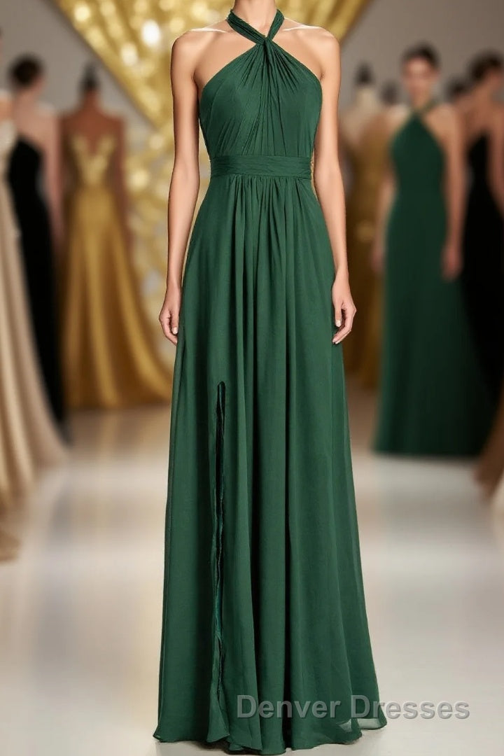 Halter Hunter Green Chiffon A-line Long Bridesmaid Dress