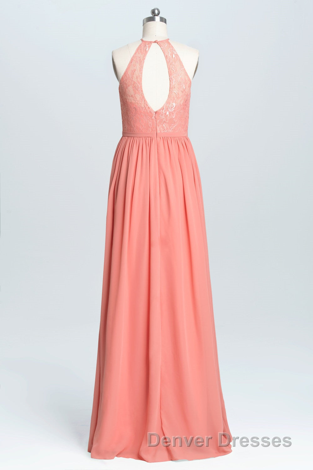 Halter Coral A-line Lace and Chiffon Long Bridesmaid Dress Secondary image