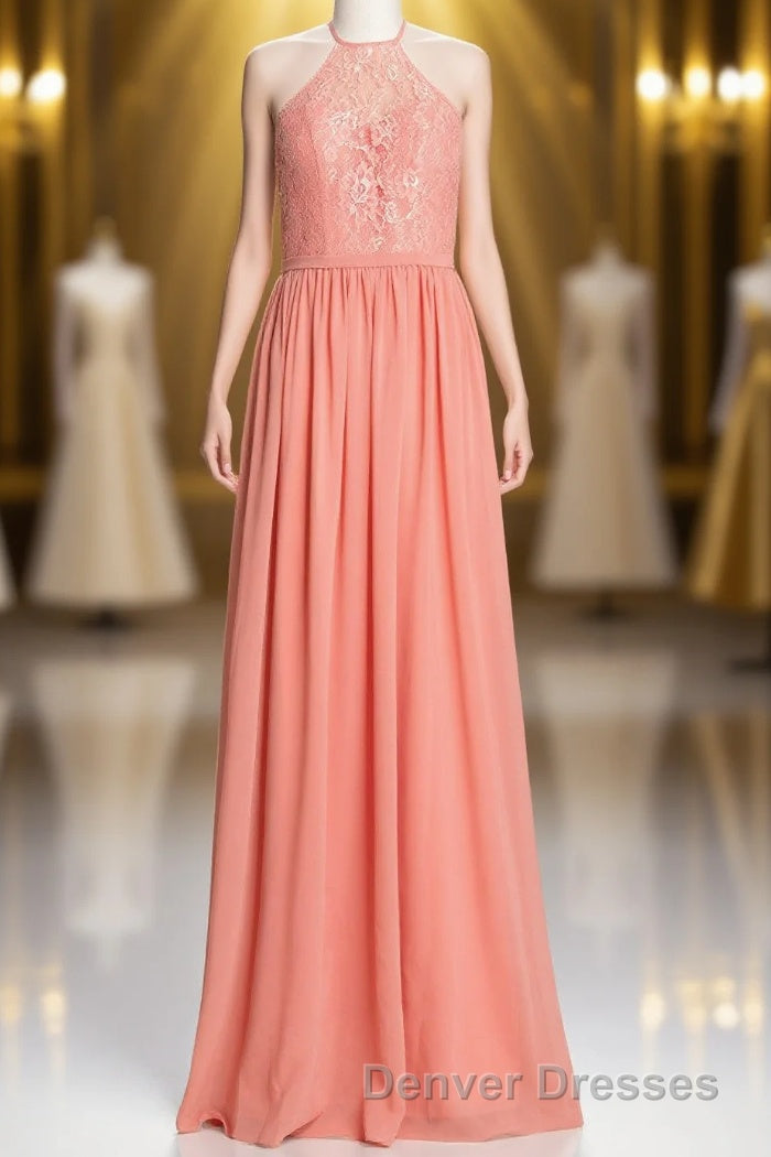 Halter Coral A-line Lace and Chiffon Long Bridesmaid Dress Main image