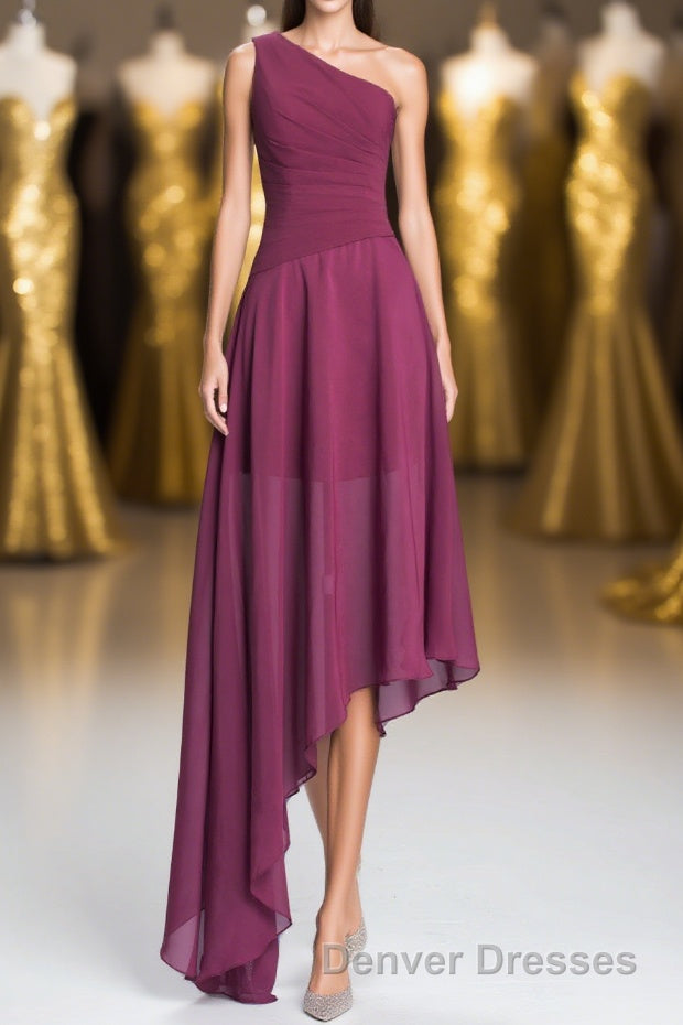 One Shoulder Plum Asymmetric Chiffon Long Party Dress Main image