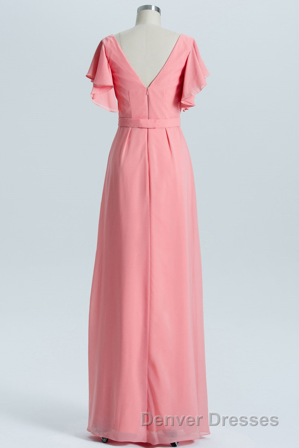 Coral A-line Flutter Sleeves Long Bridesmaid Dress Secondary image