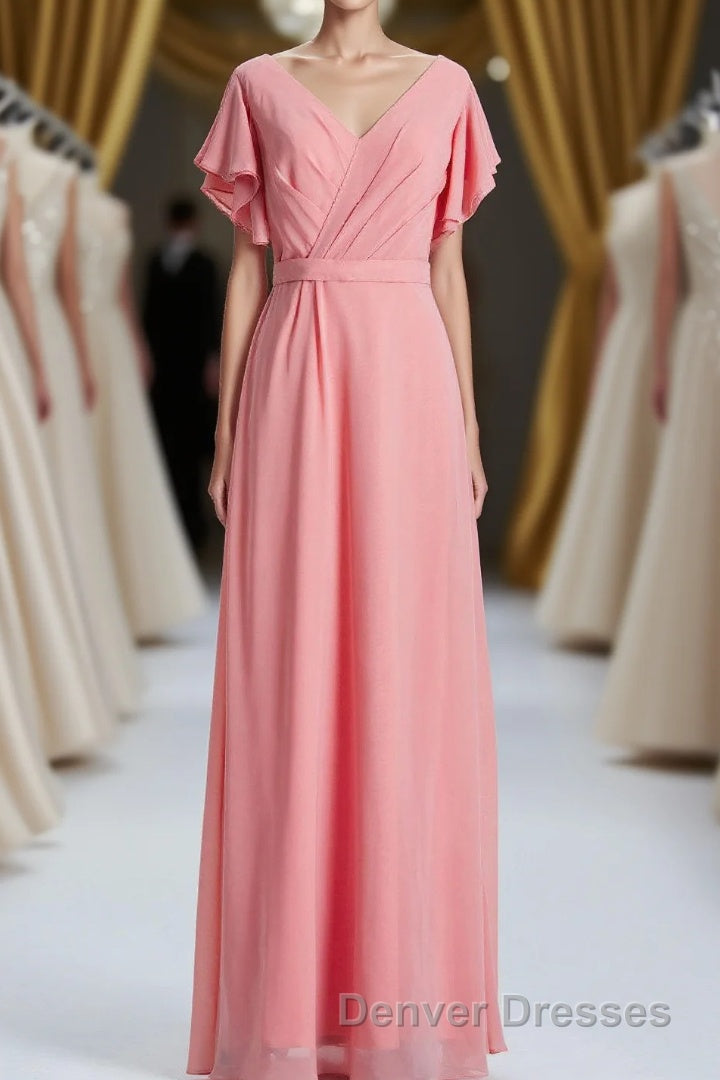 Coral A-line Flutter Sleeves Long Bridesmaid Dress Main image