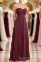Burgundy Chiffon Strapless Sweetheart A-Line Long Bridesmaid Dress