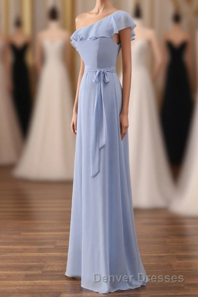 Periwinkle One-Shoulder Ruffled A-Line Long Bridesmaid Dress Main image