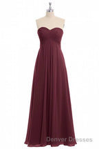 Burgundy Chiffon Strapless Sweetheart A-Line Long Bridesmaid Dress