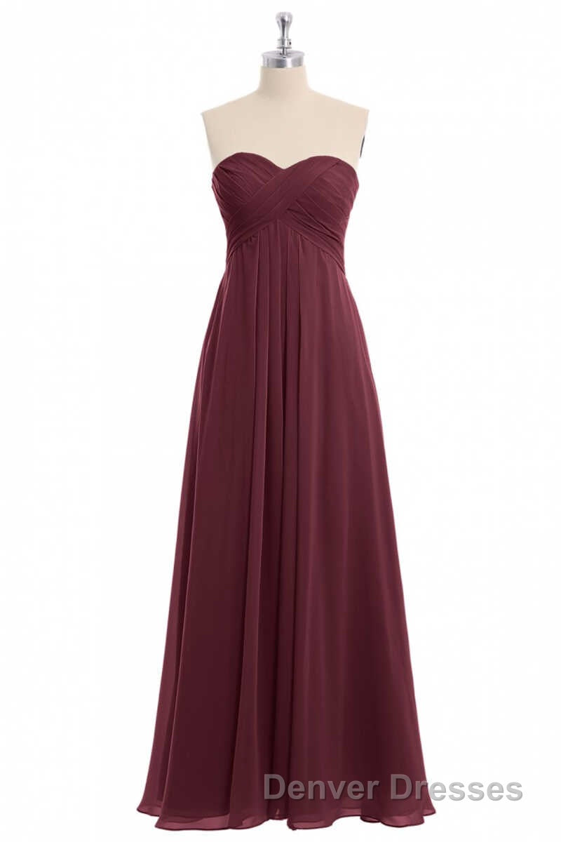 Burgundy Chiffon Strapless Sweetheart A-Line Long Bridesmaid Dress