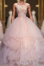 Pink Round Neck Tulle Lace Long Prom Dress, Lace Formal Dress