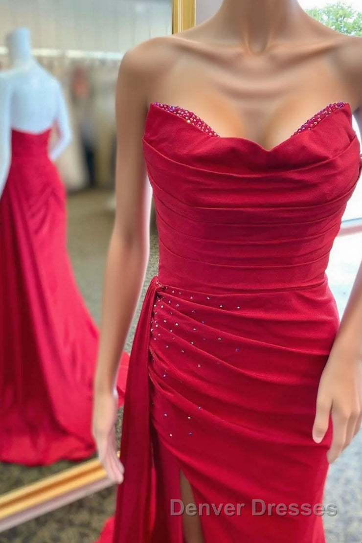 Red Beaded Strapless Mermaid Long Dress with Attached Train