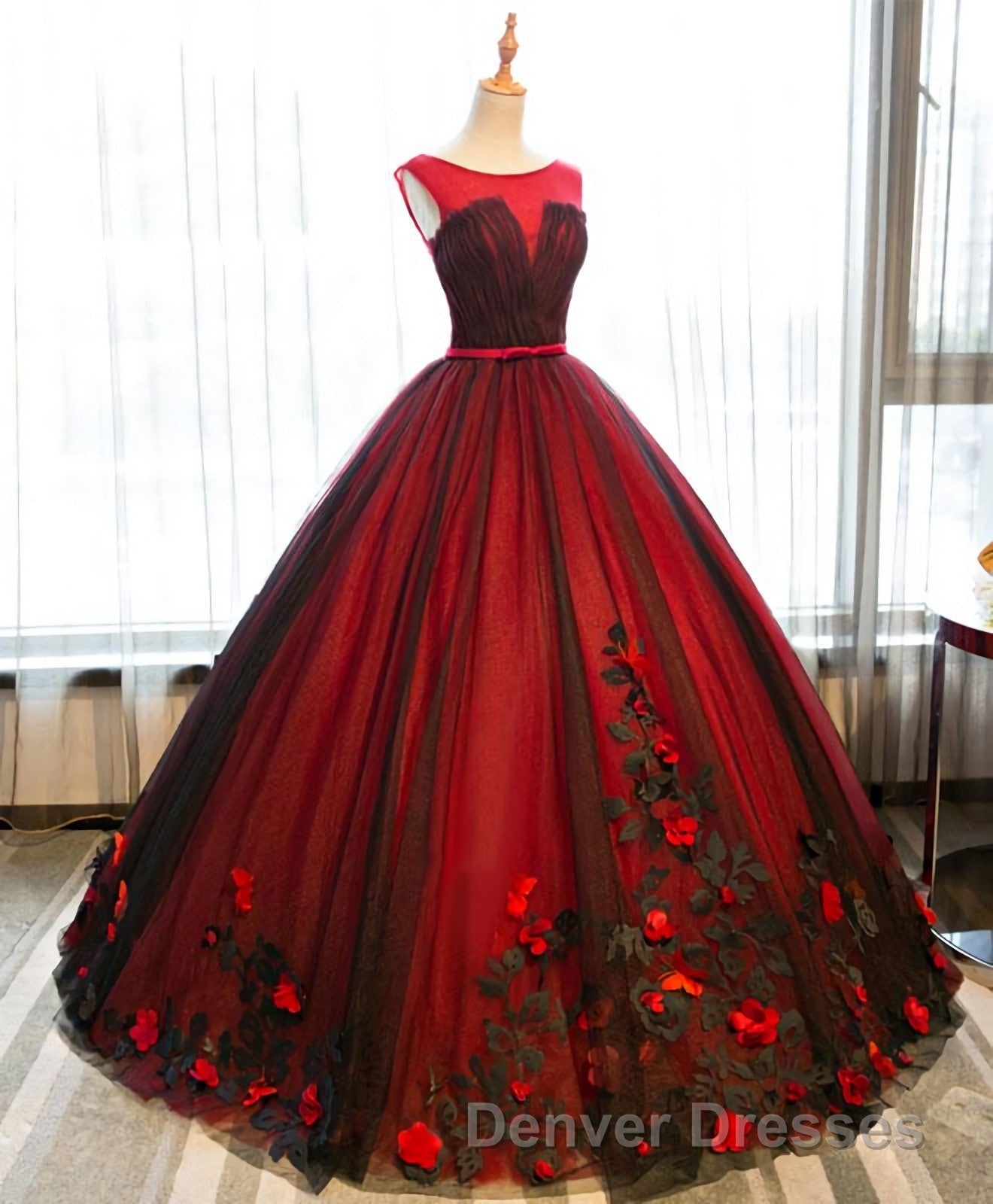 Burgundy Round Neck Tulle Lace Applique Long Prom Dress, Burgundy Evening Dress Secondary image