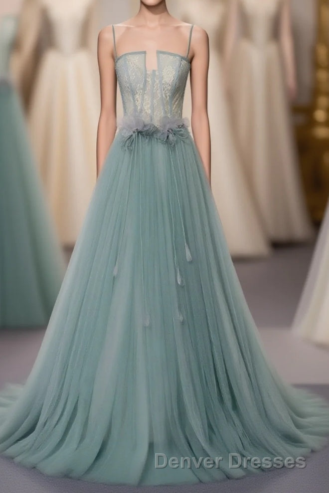 Green A Line Tulle Lace Long Prom Dress, Green Tulle Formal Dress Main image