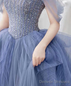 Blue Sweetheart Neck Tulle Beads Sequin Long Prom Dress