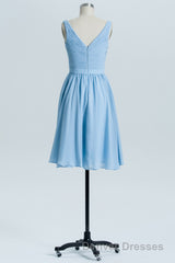 Blue Chiffon A-line Pleated Short Bridesmaid Dress