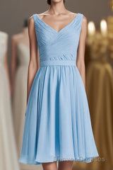 Blue Chiffon A-line Pleated Short Bridesmaid Dress