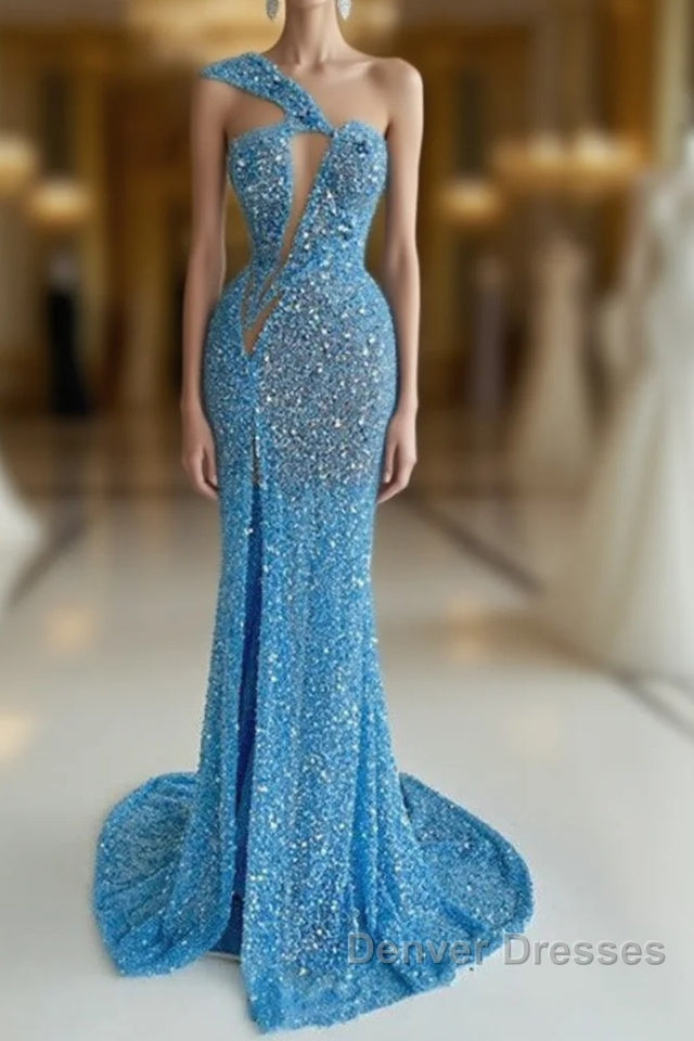 Ocean Blue Sequins One-Shoulder Mermaid Long Prom Dress With Split Main image