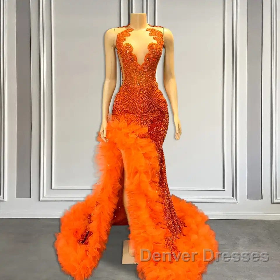 Orange Sleeveless Mermaid Prom Dress with Side Slit and Tulle Beadings Secondary image