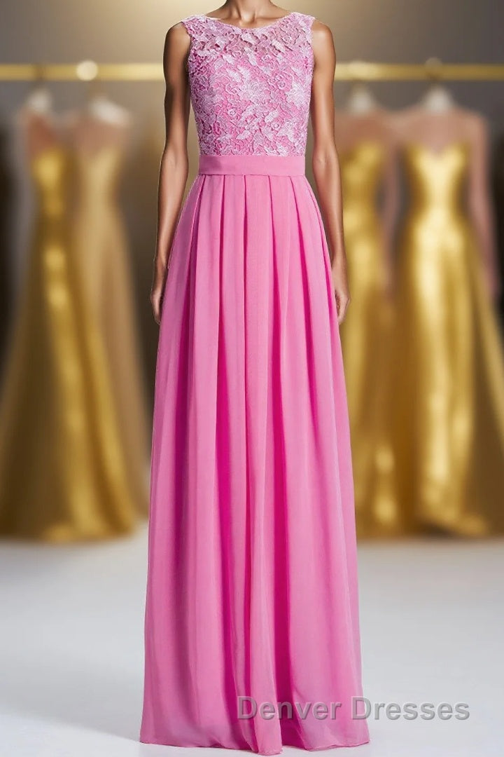 Pink A-line Lace and Chiffon Long Bridesmaid Dress Main image