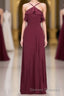 Straps Burgundy Ruffles A-line Long Bridesmaid Dress