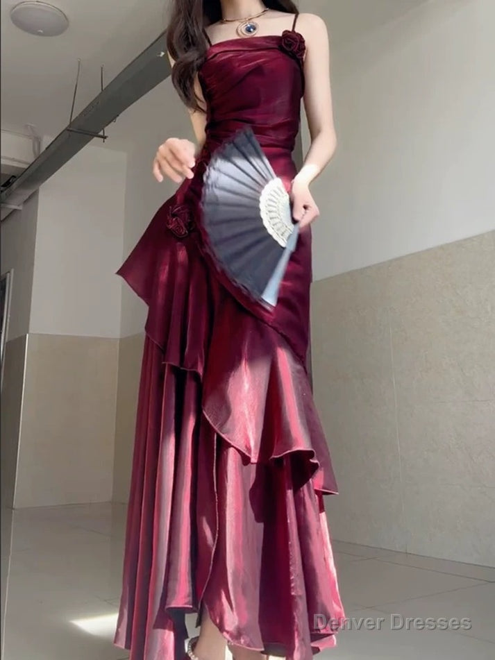 Wine Red Satin Long Straps Prom Dress Wine Red A-line Party Dress
