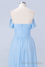 Blue Off the Shoulder Pleated Chiffon Long Bridesmaid Dress