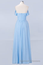 Blue Off the Shoulder Pleated Chiffon Long Bridesmaid Dress
