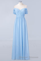 Blue Off the Shoulder Pleated Chiffon Long Bridesmaid Dress