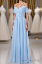 Blue Off the Shoulder Pleated Chiffon Long Bridesmaid Dress