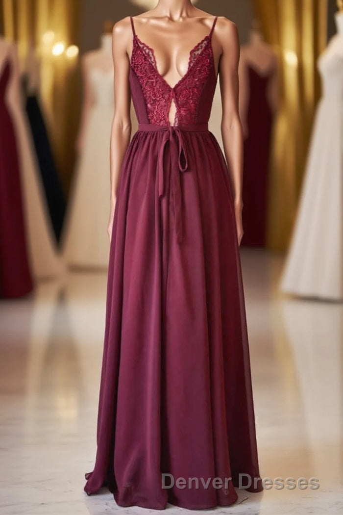 Magenta Chiffon V-Neck Spaghetti Straps Long Bridesmaid Dress Main image