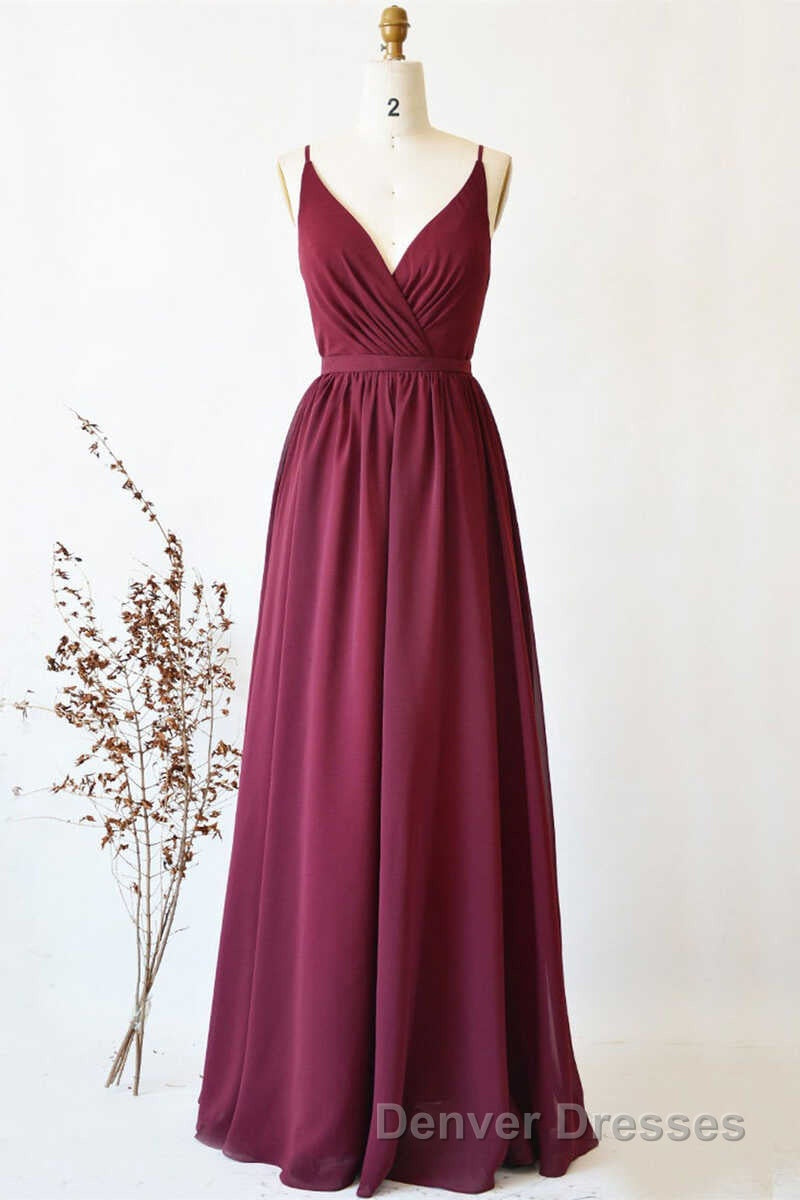 Magenta Chiffon V-Neck Spaghetti Straps Long Bridesmaid Dress Secondary image
