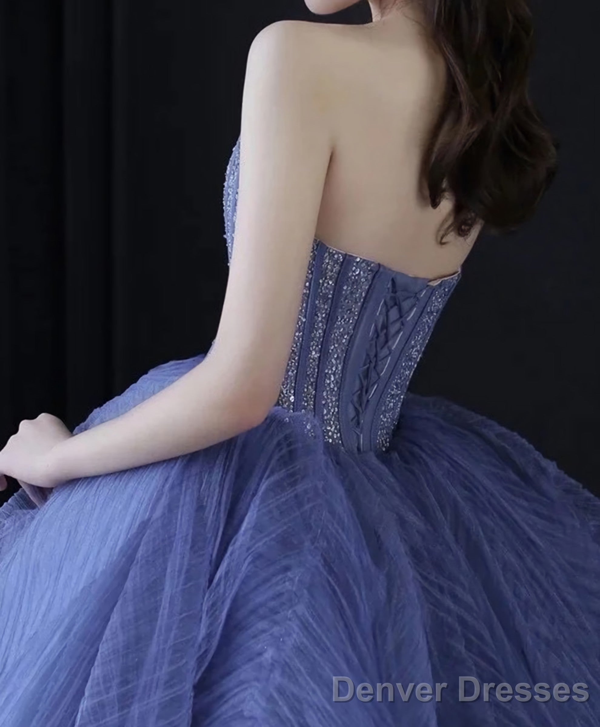 Blue Sweetheart Neck Tulle Beads Sequin Long Prom Dress