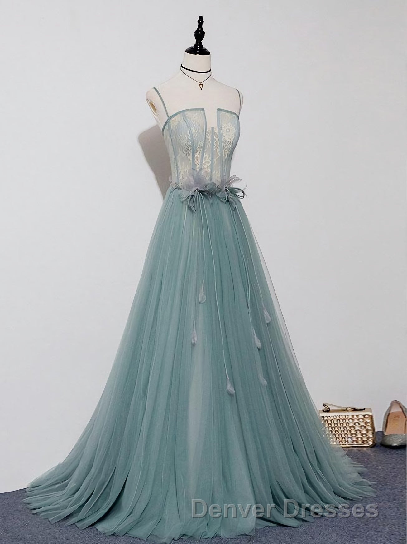 Green A Line Tulle Lace Long Prom Dress, Green Tulle Formal Dress Secondary image