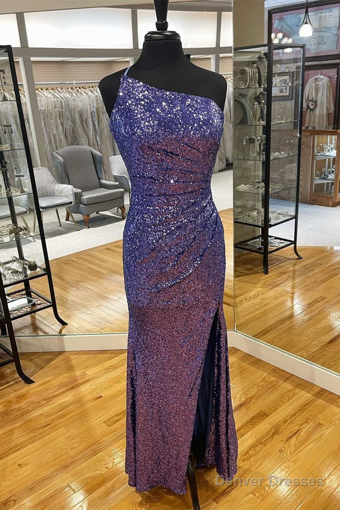 Dark Purple Sequin One-Shoulder Long Prom Dress with Slit Main image