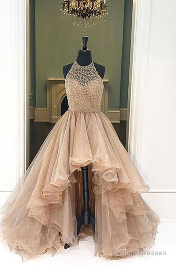 2025 Halter Beaded High Low Organza Champagne Prom Dresses