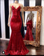 2025 Sexy Halter Sequins Red Mermaid Prom Dresses