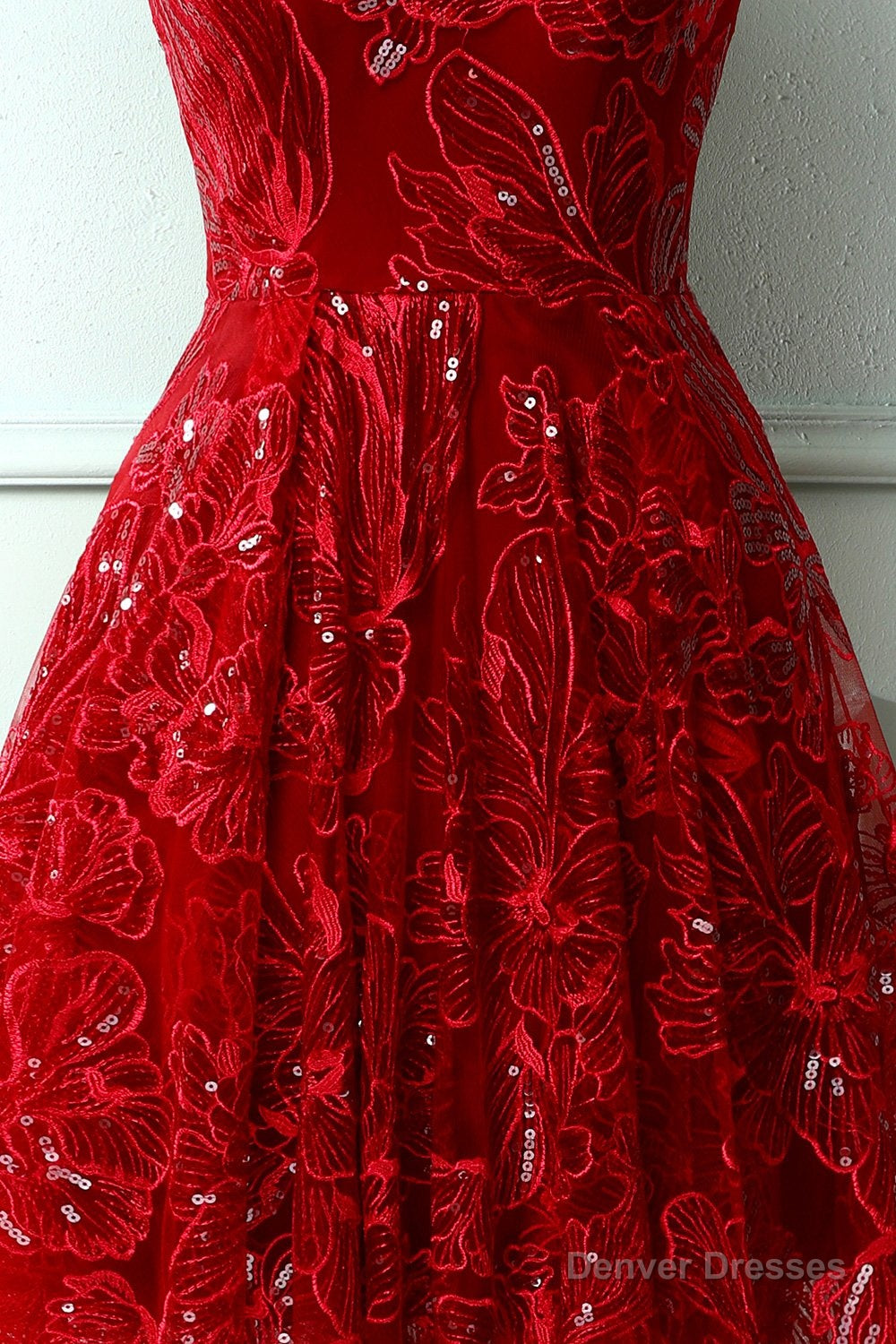 Burgundy Lace V-Neck Short Prom Dress, A-Line Irregular Hem Party Dress