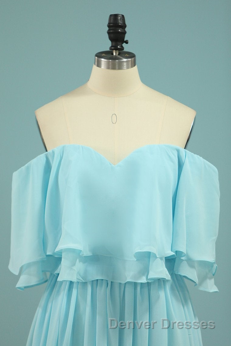 Off the Shoulder Blue Flounce Chiffon Long Bridesmaid Dress Secondary image