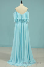 Off the Shoulder Blue Flounce Chiffon Long Bridesmaid Dress