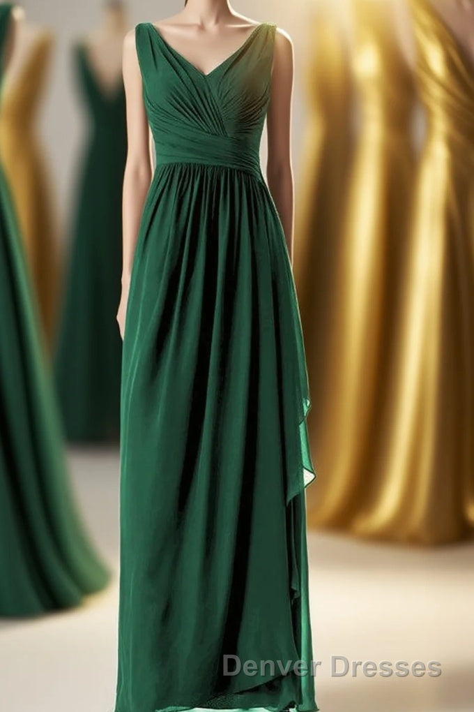 Hunter Green Chiffon Pleated Long Bridesmaid Dress Main image