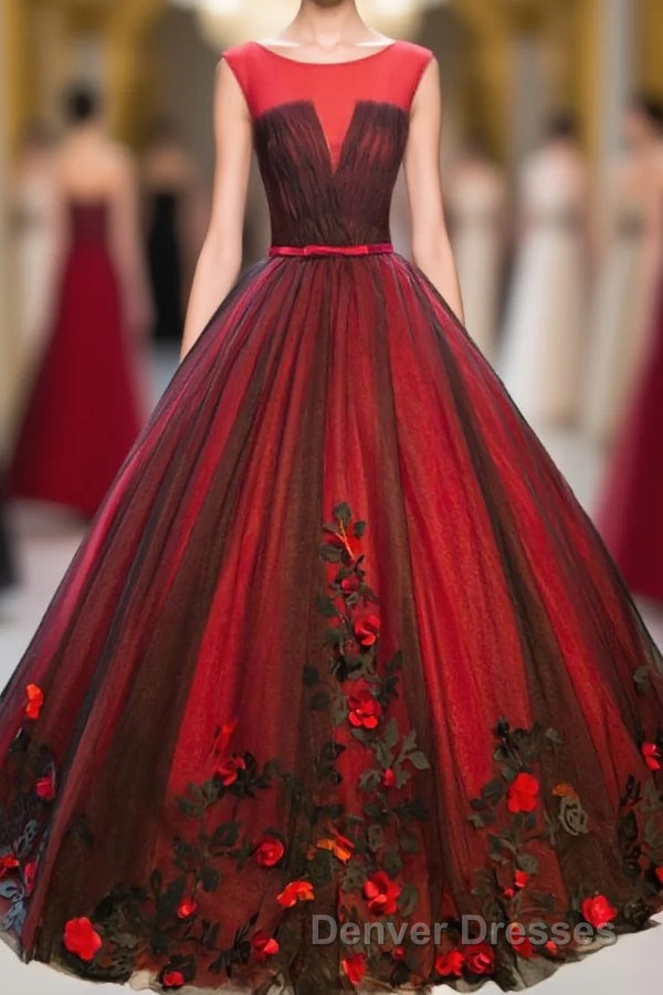 Burgundy Round Neck Tulle Lace Applique Long Prom Dress, Burgundy Evening Dress Main image