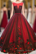Burgundy Round Neck Tulle Lace Applique Long Prom Dress, Burgundy Evening Dress