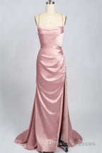 Pink Scoop Neck Lace-Up Back Long Formal Dress with Slit