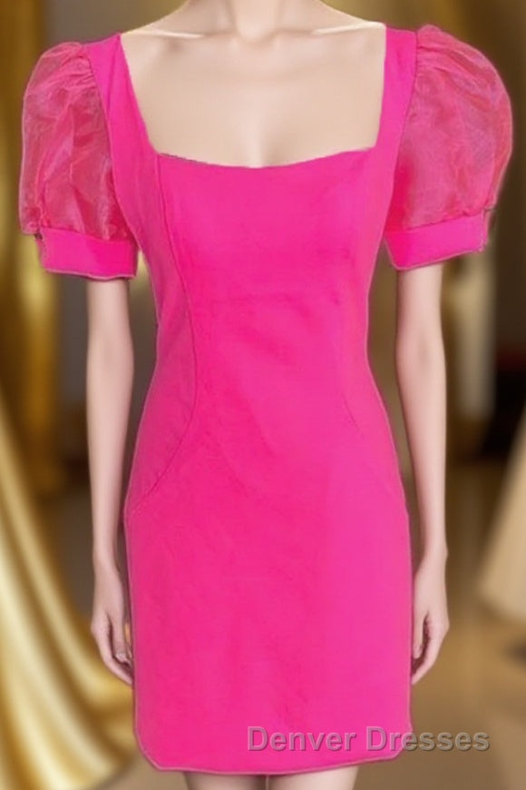 Fuchsia Puff Sleeves Square Neck Sheath Homecoming Dress Main image
