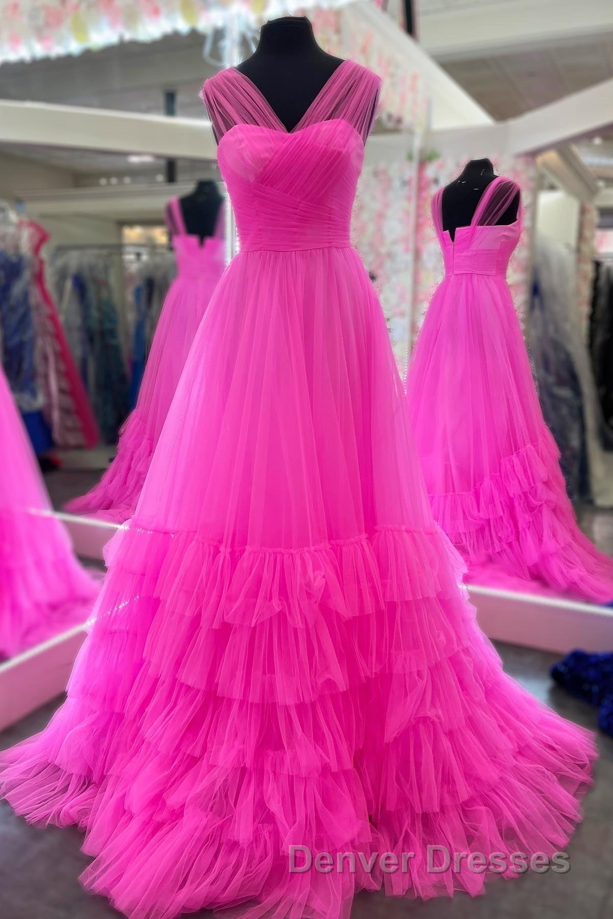 Hot Pink Illusion Strapless A-line Layers Tulle Long Prom Dress Secondary image