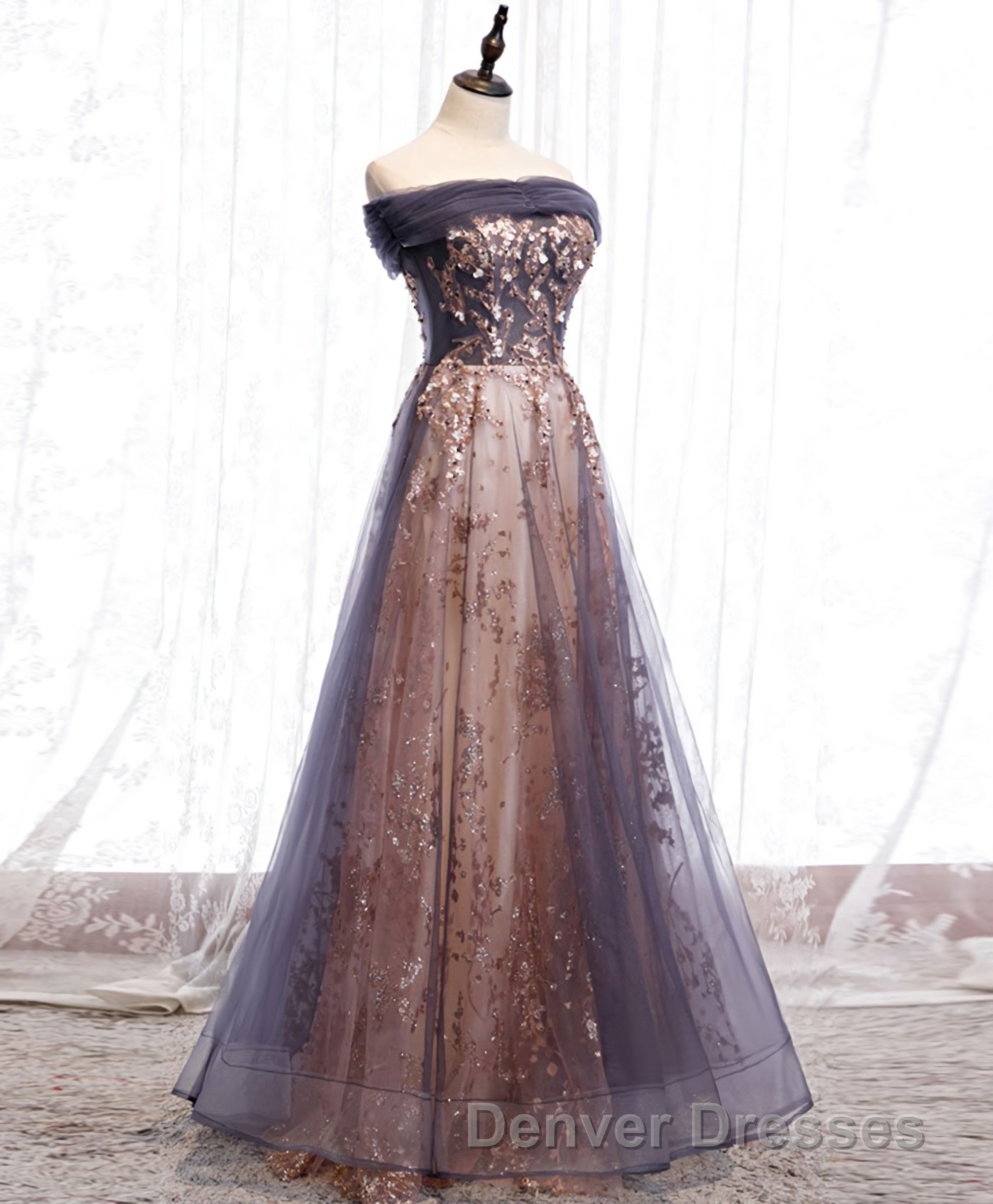 Unique Tulle Off Shoulder Lace Long Prom Dress, Lace Formal Dress