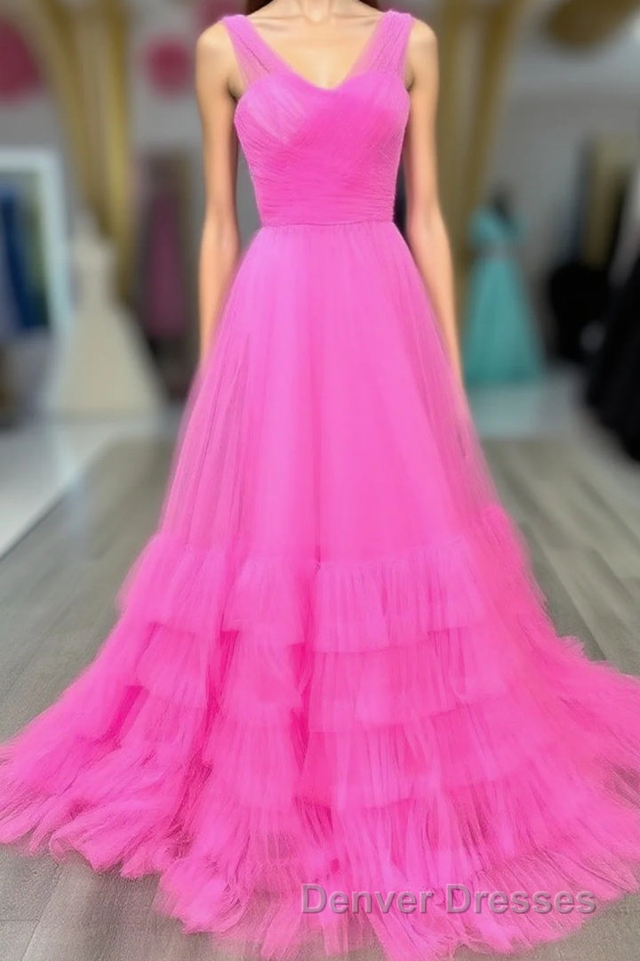 Hot Pink Illusion Strapless A-line Layers Tulle Long Prom Dress Main image