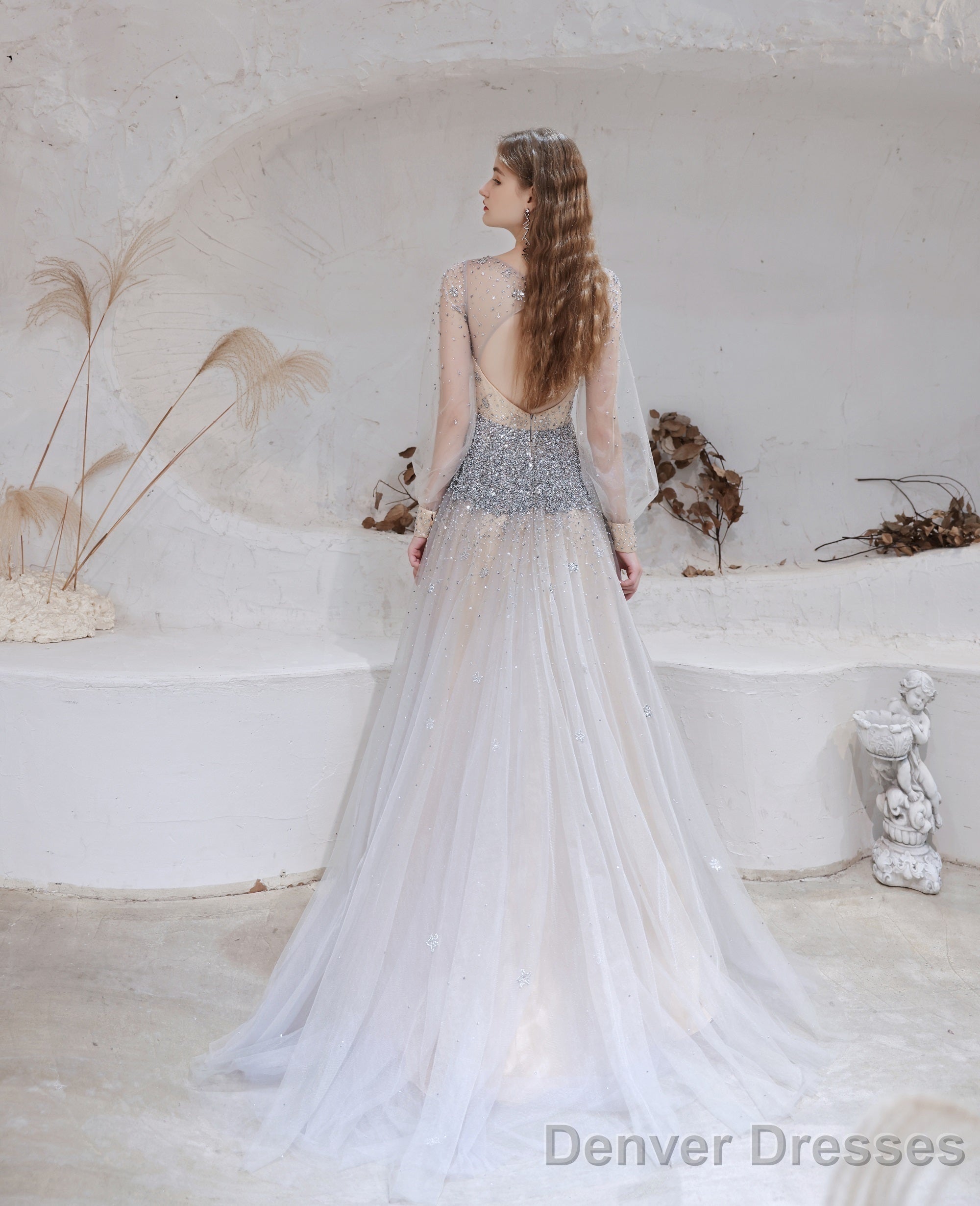 Champagne Prom Dresses Tulle Beading Luxury V Neck Long Sleeves Evening Dress 2025 Long Evening Party Dresses Women Robe De Luxe Femme Backless A Line Prom Gown Secondary image