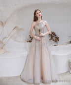 A Line Bateau Prom Dress, Long Neck With Train Sleeveless Zipper Formal Party Dresses