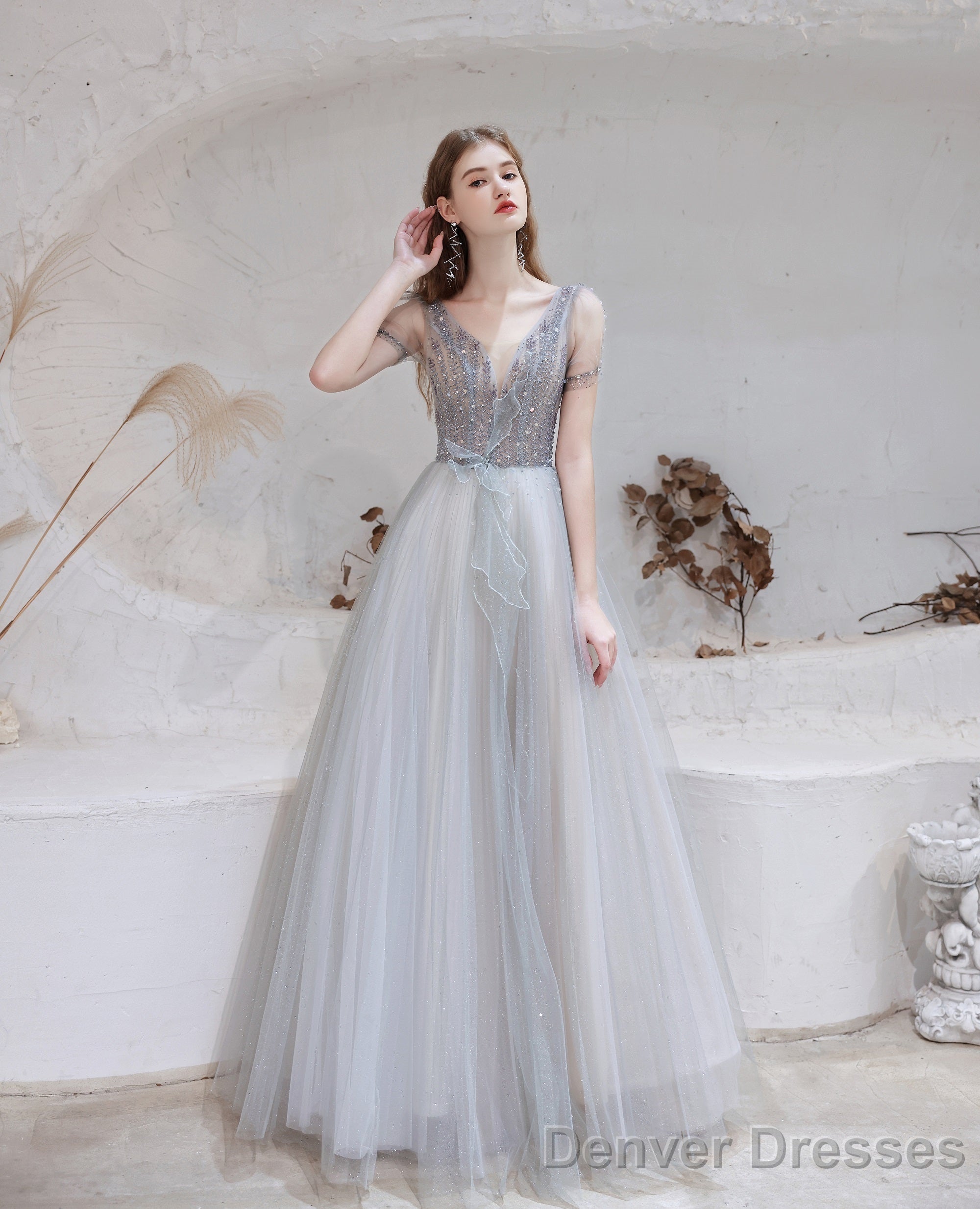 Elegant Prom Dress, Formal V Neck Short Sleeves Beaded Tulle Dresses, A Ling Floor Length Main image