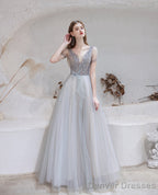 Elegant Prom Dress, Formal V Neck Short Sleeves Beaded Tulle Dresses, A Ling Floor Length