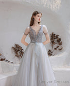Elegant Prom Dress, Formal V Neck Short Sleeves Beaded Tulle Dresses, A Ling Floor Length
